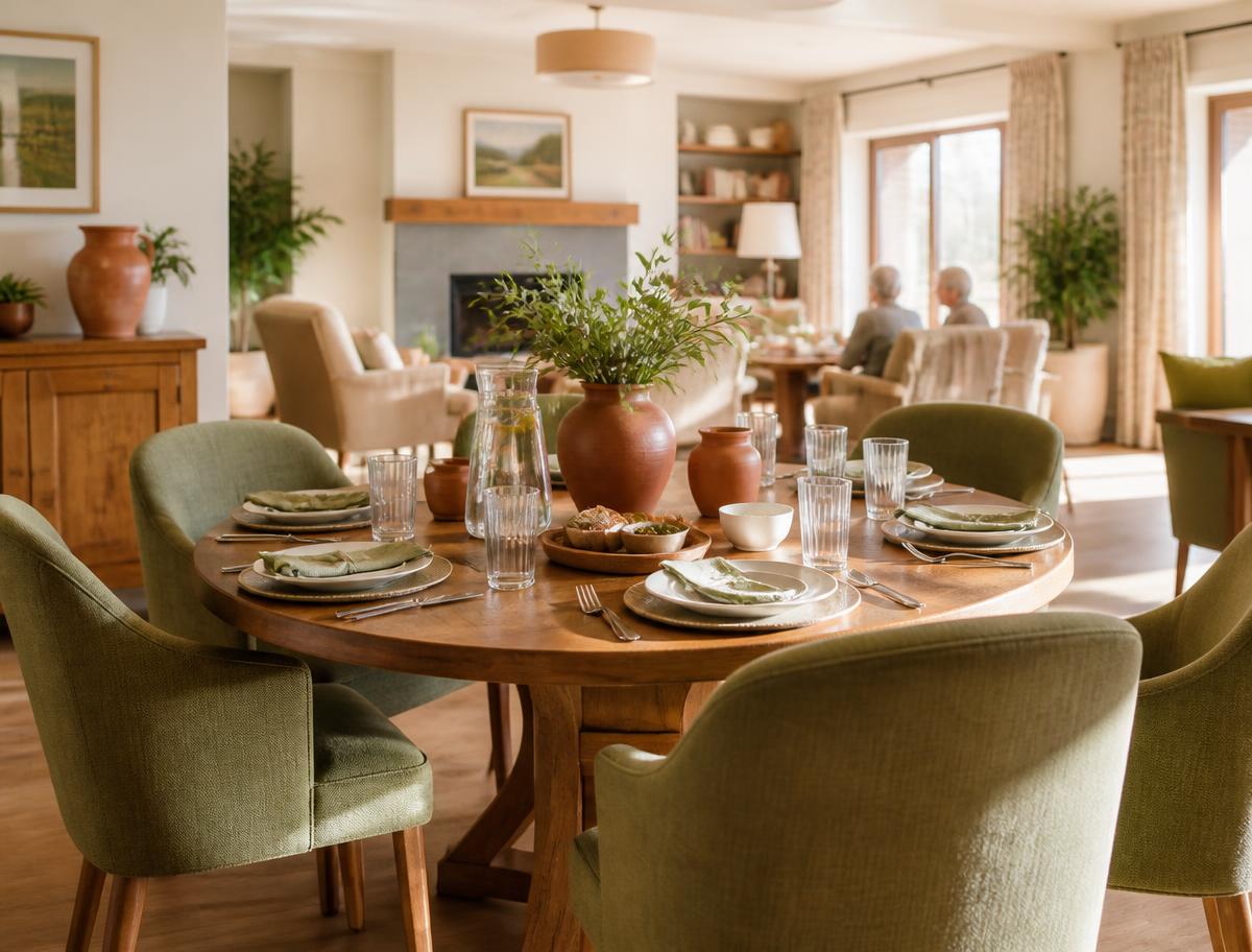 The shared dining and living area set for a meal