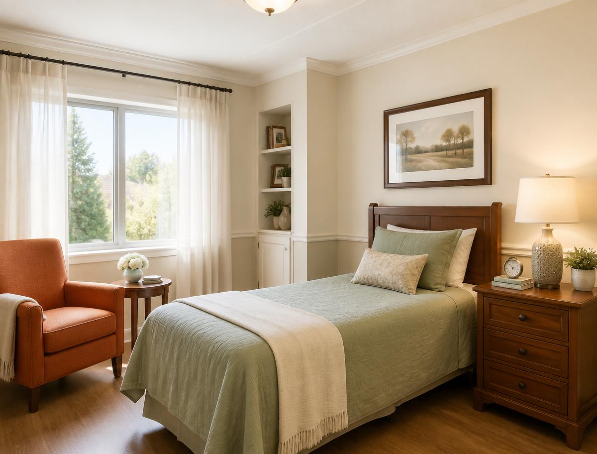 A private resident bedroom with sage bedding and a sunny window